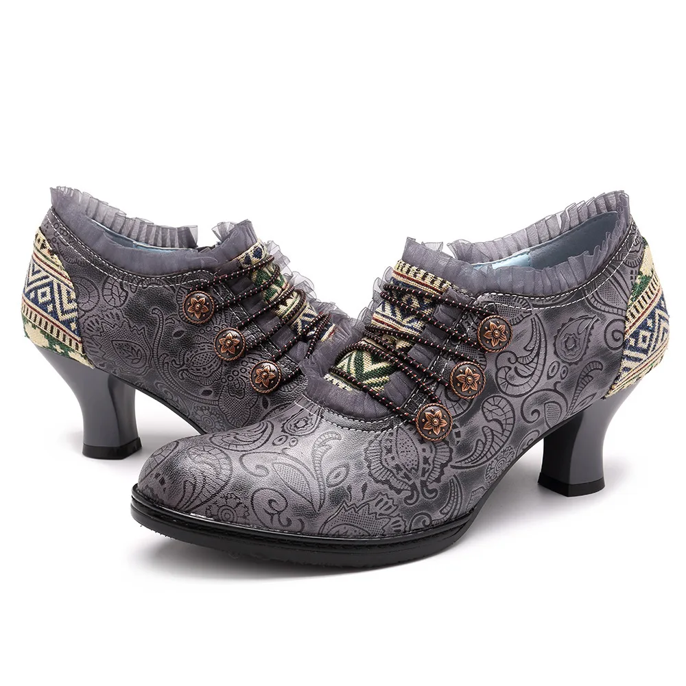 Обувь из натуральной кожи в винтажном стиле; женские туфли-лодочки в стиле ретро; обувь в богемном стиле; сезон весна-осень; Ботильоны на молнии с кружевными полями; обувь на каблуке