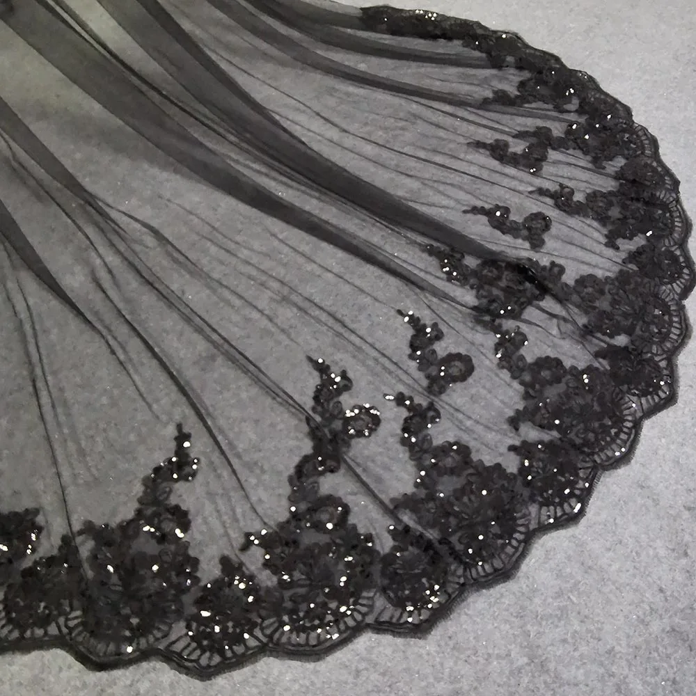 Customized Real Photos Black Long Wedding Boleros Bling Sequins Lace Cathedral Bridal Cape Bolero Mariage Shoulder Veil