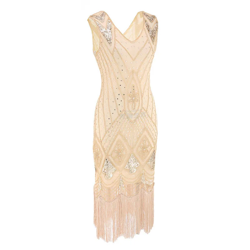 Women 1920 s Gatsby Dress Summer Sexy Party Dresses Beading V Neck Vintage Tassel Stripe Sequin Draped Fringe Flapper Dress (5)