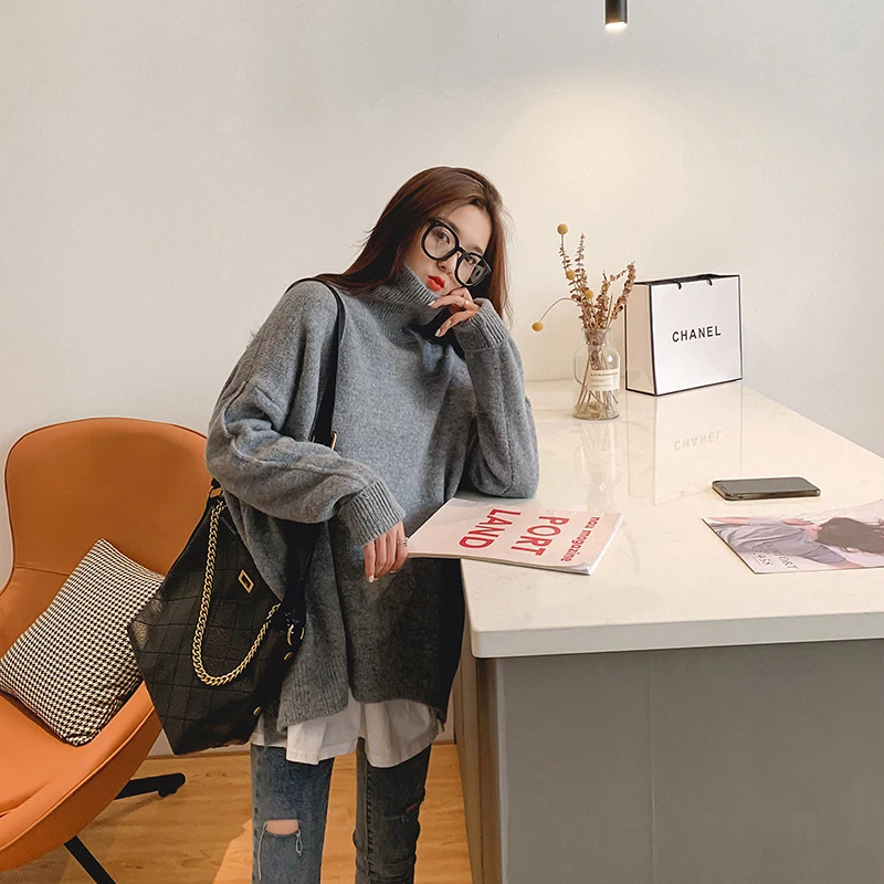 New Autumn Winter Women Loose Knitted Sweater Turtleneck Sweater Long Sleeves  Outwear Solid Pullover