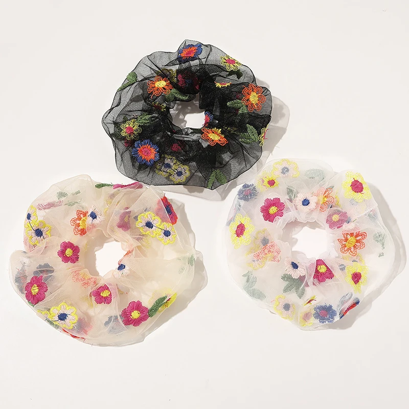 

Rubber Band Rope Elastic Girls Scrunchies Ponytail Holder Leaf Embroidery Floral Thin Mesh Hair Rope Hair Bands Ties Accessories