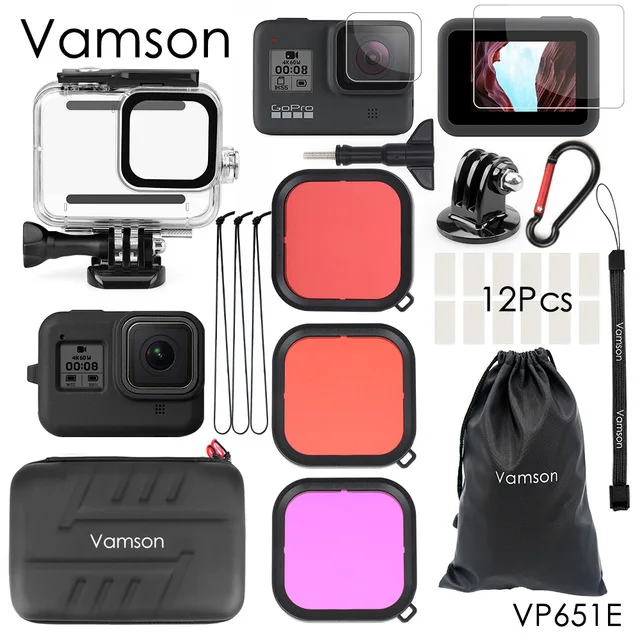 Vamson для Go Pro аксессуары комплект водонепроницаемый корпус чехол для GoPro Hero 8 черная камера штатив крепление для GoPro 8 черный VS20 - Цвет: VP651E