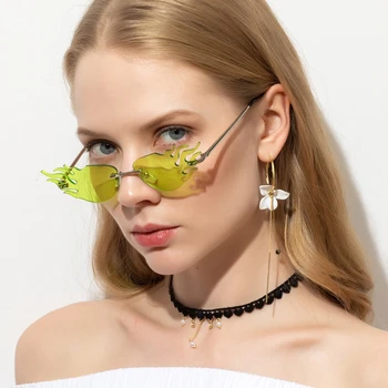 

QPeClou 2020 New Fashion Small Flame Party Sunglasses Women Vintage Metal Rimless Sun Glasses Men Beach Fire Shades Oculos