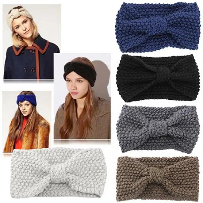 

2019 Women Solid Big Bow Knit Wool Headband Earmuffs Fashion Girl Warm Woolen Crochet Turban Handmade Bow Knot Wide Head Wrap