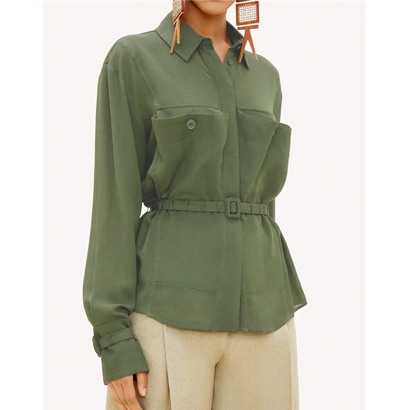 

AEL Office Lady Long Sleeve Turn-down Collar Blouse Pocket Design With Belt Slim Female Tops Casual Short Coat Autumn 2019