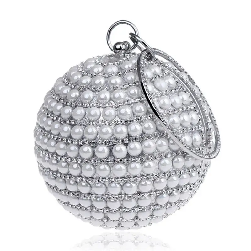 silver Chi Belle/вечерние сумки с жемчугом; дизайнерские вечерние сумочки круглой формы; вечерние сумочки золотистого и черного цвета, Украшенные бусинами; дневной клатч на цепочке; сумка на плечо - Цвет: silver