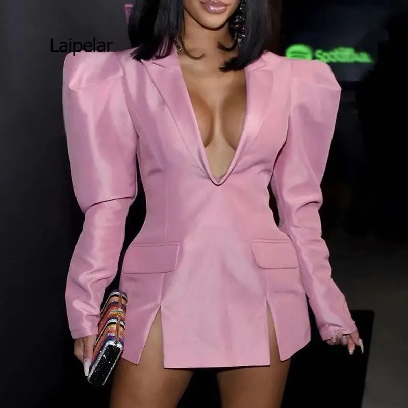 

XL evening dress women's street wear mini sexy V-neck puff sleeve pink slim suit skirt new