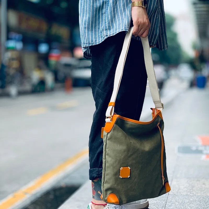 

Manufacturers Direct Selling Japanese Style Retro Shoulder Bag Canvas Bag Women's Contrast Color Collocation Full-grain Leather