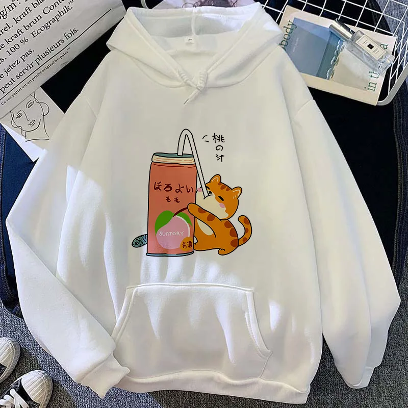 

Women's hoodie Kawaii Cat drinking juice printed hooded sweatshirt Harajuku hip-hop top streetwear women casual Oversize hoodies