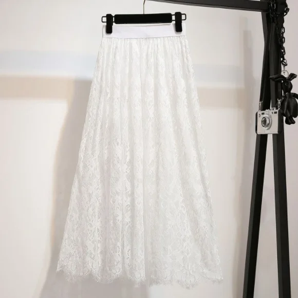 Женская плиссированная юбка, Весенняя тонкая сетчатая кружевная юбка с тюлем Jupe Jemme, белая черная юбка с высокой талией, сексуальные полые макси длинные юбки AQ874