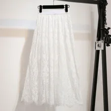 Женская плиссированная юбка, Весенняя тонкая сетчатая кружевная юбка с тюлем Jupe Jemme, белая черная юбка с высокой талией, сексуальные полые макси длинные юбки AQ874