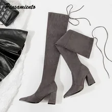 Г. Зимние Замшевые женские сапоги на высоком каблуке удобные сапоги выше колена на толстом каблуке эластичные узкие женские сапоги до бедра
