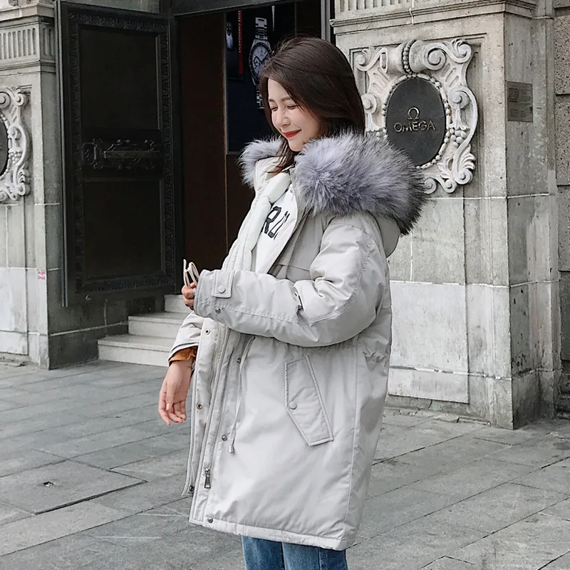 

2018 Winter New Style Korean-style Drawstring Waist Hugging Large Size Mid-length Feather Loose-Fit Students down Jacket Cotton-