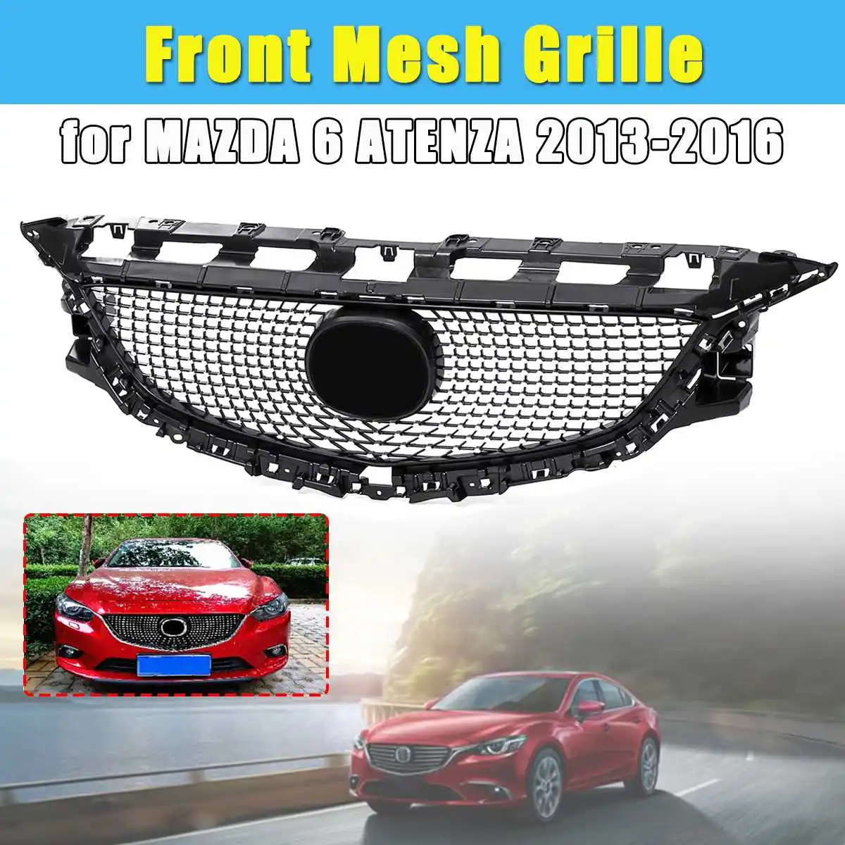 

Car Styling for Mazda 6 Atenza 2013-2016 Front Bumper Grill ABS Black Upper Grille Front Grilles Cover Protector