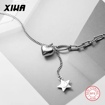 

XIHA 925 Sterling Silver Star Heart Love Pendant Necklace Women Link Chain Korean Style Chunky Statement Party Jewelry