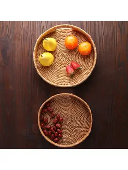 

Rattan Snack Storage Tray with Handle Round Basket Hand Woven Home Decor Bread Fruit Food Display Kitchen Dining Room Organizer