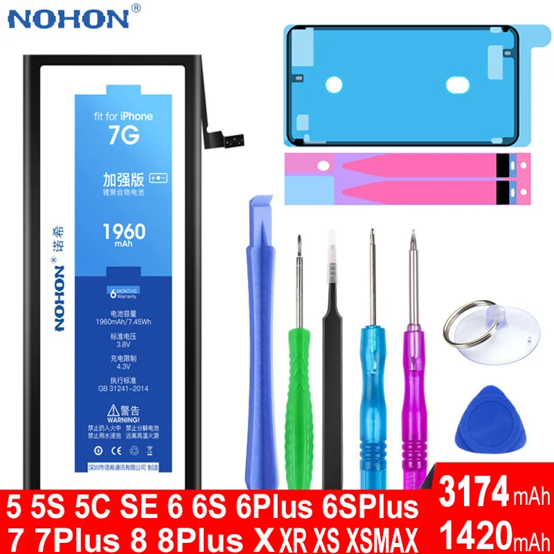 NOHON Оригинальный аккумулятор для Apple iPhone 4 5 6 S 4S 5S SE 7 8 Plus i Phone X XR XS Max iPhone5 iPhone6 iPhone7