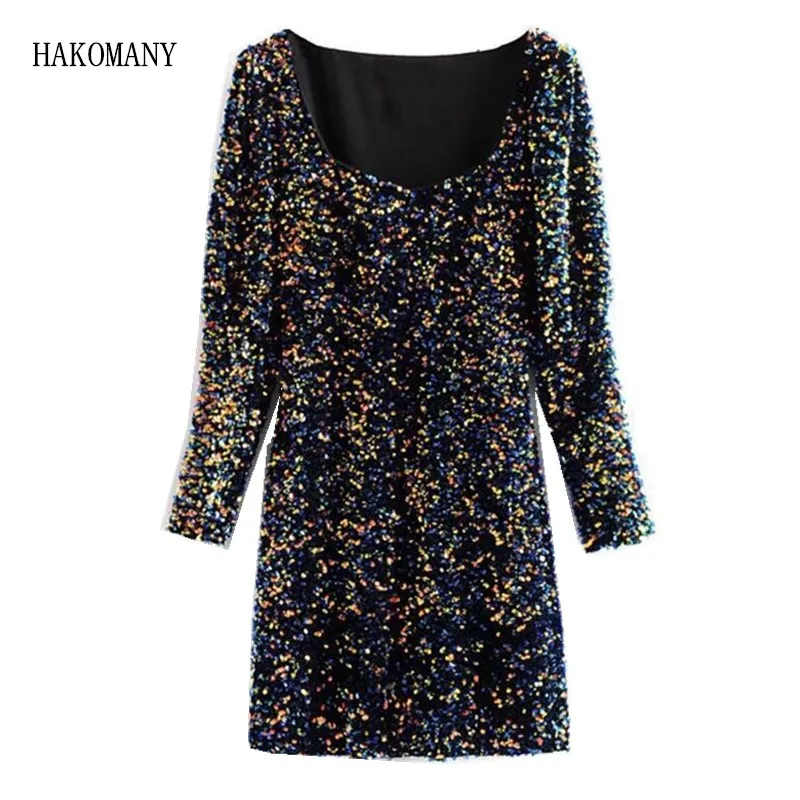 Women Black Package Hips Party Dresses Autumn Winter Sexy Square Collar Puff Long sleeves Mini Short Colored Sequins Dress for