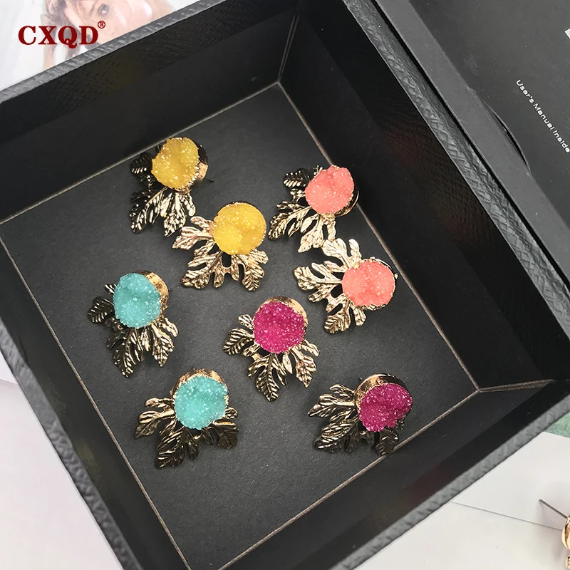 Женские серьги подвески CXQD геометрические из золотистого полимера с листочками