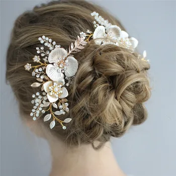 

Boho Gold Floral Wedding Hair Crown Tiara Women Prom Accessories Handmade Leaf Headpiece Bridal Long Hair Comb