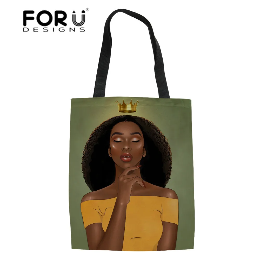 FORUDESIGNS/женские холщовые сумки-тоут, Черная Королева, африканские сумки для покупок с принтом для девочек, льняные сумки для книг, женские сумки для шоппинга