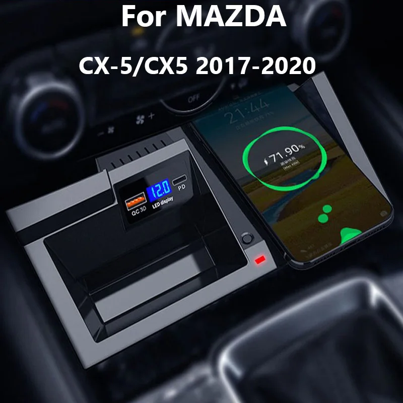 Draadloze Autolader voor Mazda CX5 2017 2018 2019 2020 Middenconsole Accessoirepaneel, 15W Qi Snelladende Telefoonoplader met QC3.0 USB-Poort en 18W PD-Poort voor iPhone Samsung HUAWEI
