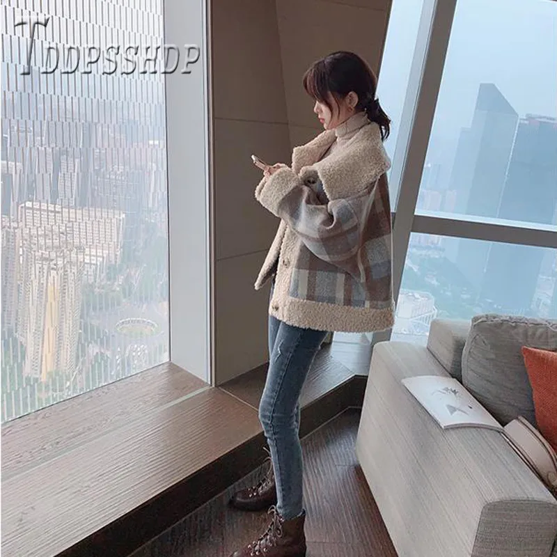low cost  2019 Autumn Winter Korean Retro Grid Women Coat Fluff Collar Single Breasted Female Jacket