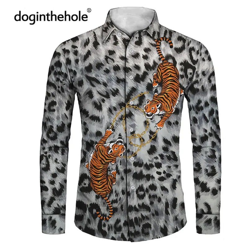 

Doginthehole Men's Shirt For 2021 Fashion Patchwork Tiger Design Long Sleeve Social Shirt Male Casual Button-down Blouse Tops