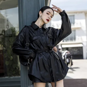 

LANMREM 2020 Top Female Spring Women's New High Waist Korean Version Of The Long Paragraph Loose Pu Leather Jacket 19B-a177