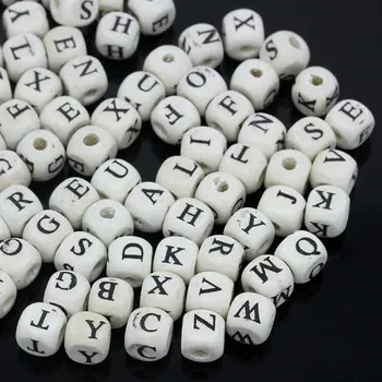 

200Pcs Mixed Randomly Letters Print Cube White Wood Spacer Beads Perles Jewelry Making 8x8mm