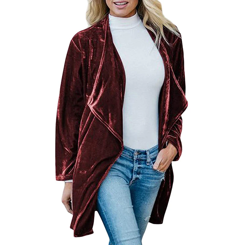 Бархатный блейзер для женщин с длинным рукавом ретро куртка драпированная открытая передняя женская элегантная длинная стильная блейзеры весна-осень зимнее пальто