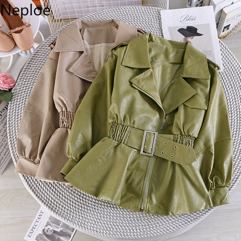 

Neploe 2019 New Women Fashion PU Leather Jacket Zipper Stretch Slim Waist with Belt PU Jackets Autumn Winter Short Coat 55080