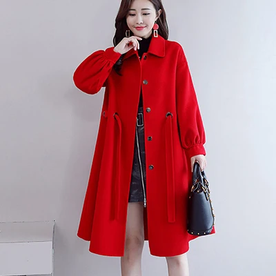 Зимнее пальто женское элегантное Отложное на шнуровке рукав-фонарик отбеленная шерсть пальто винтажная мода размера плюс для дам Куртка Верхняя одежда - Цвет: Red