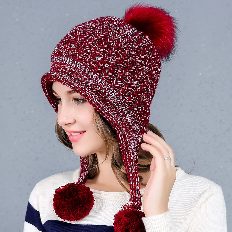 

HT2733 Autumn Winter Hat Cute Three Fur Pompoms Knitted Hat Women Windproof Earflap Cap Ladies Skullies Beanies Women Beanie Hat