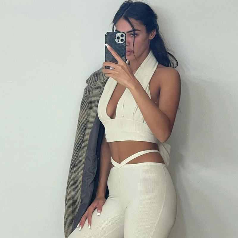 White Pants Sexy Women 2023 Summer Fitness Matching Sets Crop Tops + Leggings Jogging Sportswear Workout Outfits Pantalon Femme