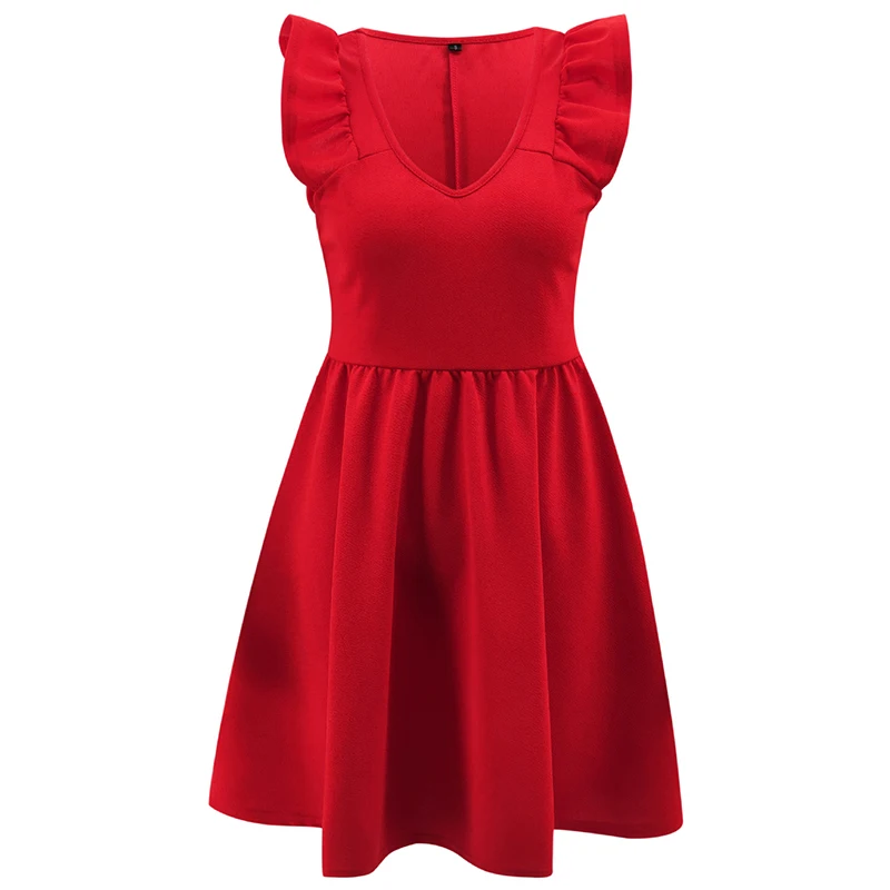Nadafair ТРАПЕЦИЕВИДНОЕ мини-платье с оборками, летнее женское платье с v-образным вырезом, сексуальное облегающее Черное Красное Вечернее платье