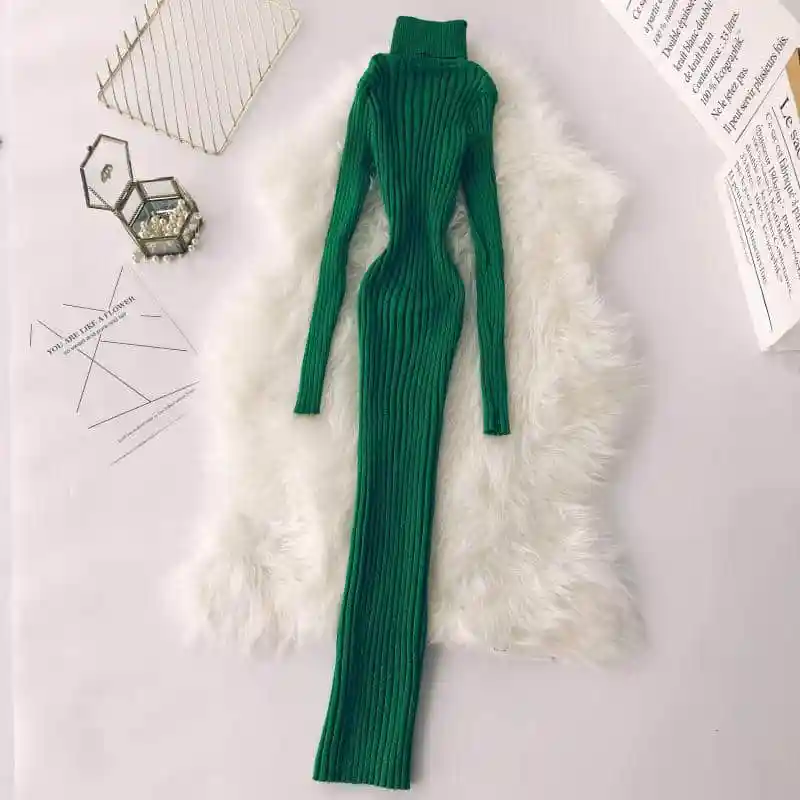 NiceMix зимнее Новое Женское платье с высоким воротом и длинным рукавом, яркое шелковое вязаное платье, женский элегантный Однотонный свитер