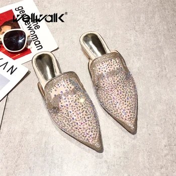 

Fashion Rhinestone Mules Slippers Women Flat Shoes Pointed Toe Colorful Crystal Slides Female Dress Loafers Slip On Shoe Woman