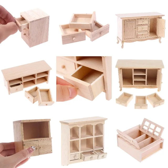 Wood Color 1/12 Dollhouse Miniature Mini Simulated Wooden Cabinet Lockers TV Cabinet With Drawer Furniture Model Toy Accessories 1