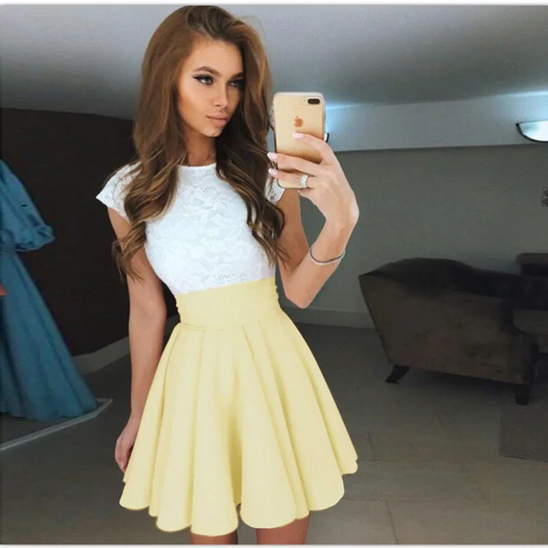 Cute Girl's Lace Mini Dress Summer 2019 Women Fashion Patchwork Slim yellow A-line Party White Ball Gown Dresses Vestidos | Женская