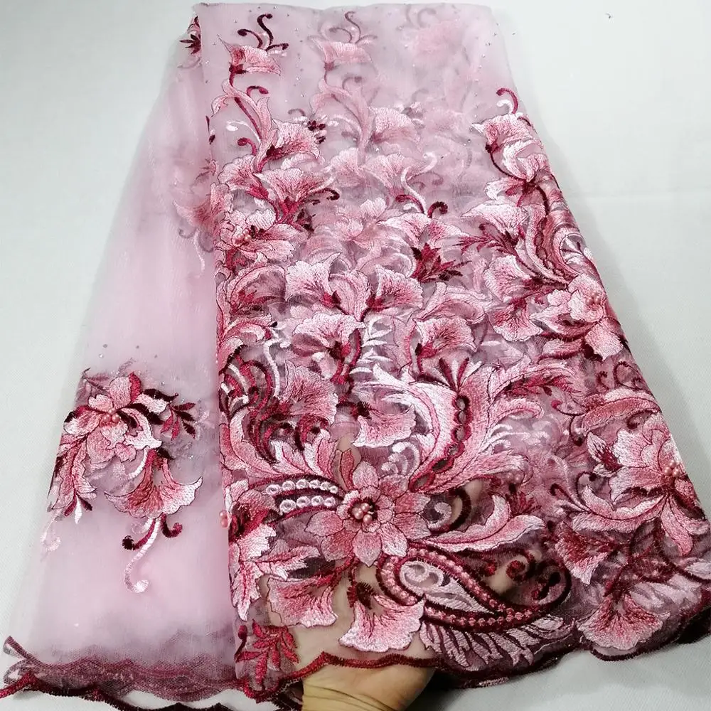 2020 Pink Tulle Lace Fabric With Beads High Quality French Embroidered Nigerian Mesh For Wedding PHX22 | Дом и сад