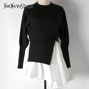 

TWOTWINSTYLE Knitting Patchwork Hit Color Sweater For Women Long Sleeve O Neck Asymmetrical Female Sweaters Autumn Fashion 2020