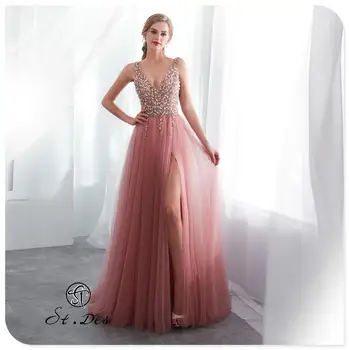 

S.T.DES Evening Dress 2020 New Arrival Beading A-line V-Neck Pink Sleeveless Designer Floor Length Party Dress Dinner Gowns