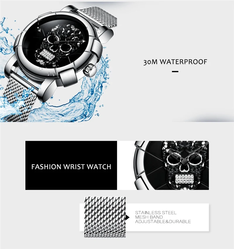 Мужские часы с черепом, люксовый бренд, нержавеющая сталь, водостойкие, кварцевые наручные часы, BIDEN, черный, серебристый цвет, сетчатая сталь, военные часы