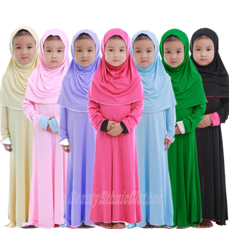2Pcs Muslim Ramadan Sets Children Girls Prayer Dress Hijab Abaya Arab Kids Long Robe with Headscarf