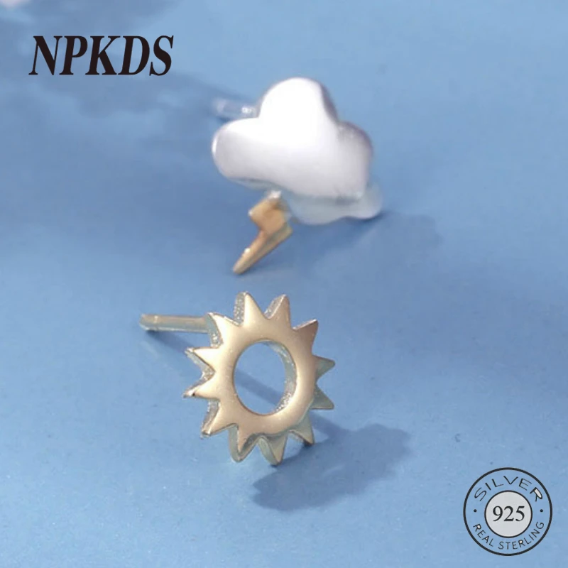 

925 Sterling Silver Cloud Sun Asymmetric Small Stud Earrings Simple Cartoon Lightning Fresh Earrings for Students Ear Jewelry