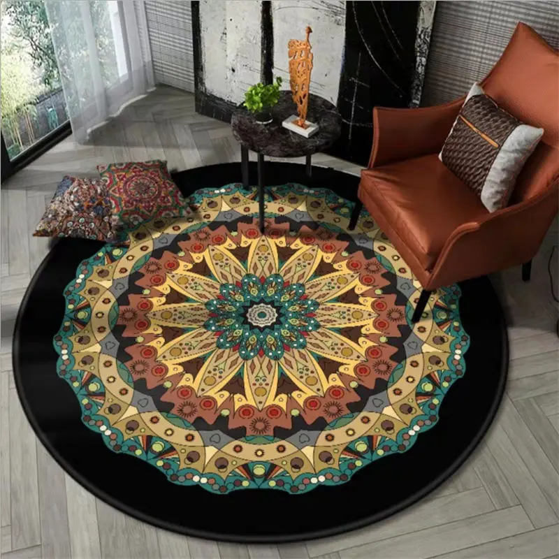 

Bohemia Carpets for Living Room Non-slip Round Rug Area Rug for Bedroom Floor Mat Vintage Black Mandala Flower Pattern