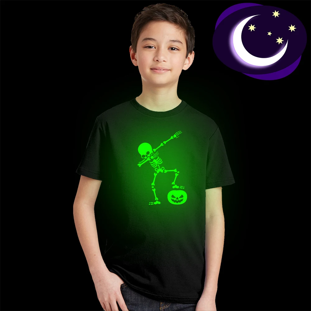 

Kids Funny Helloween Noctilucent Shirt Dabbing Pumpkin Print Boys Girls Fashion Luminous Tees Unisex Children Glow In Dark Tops