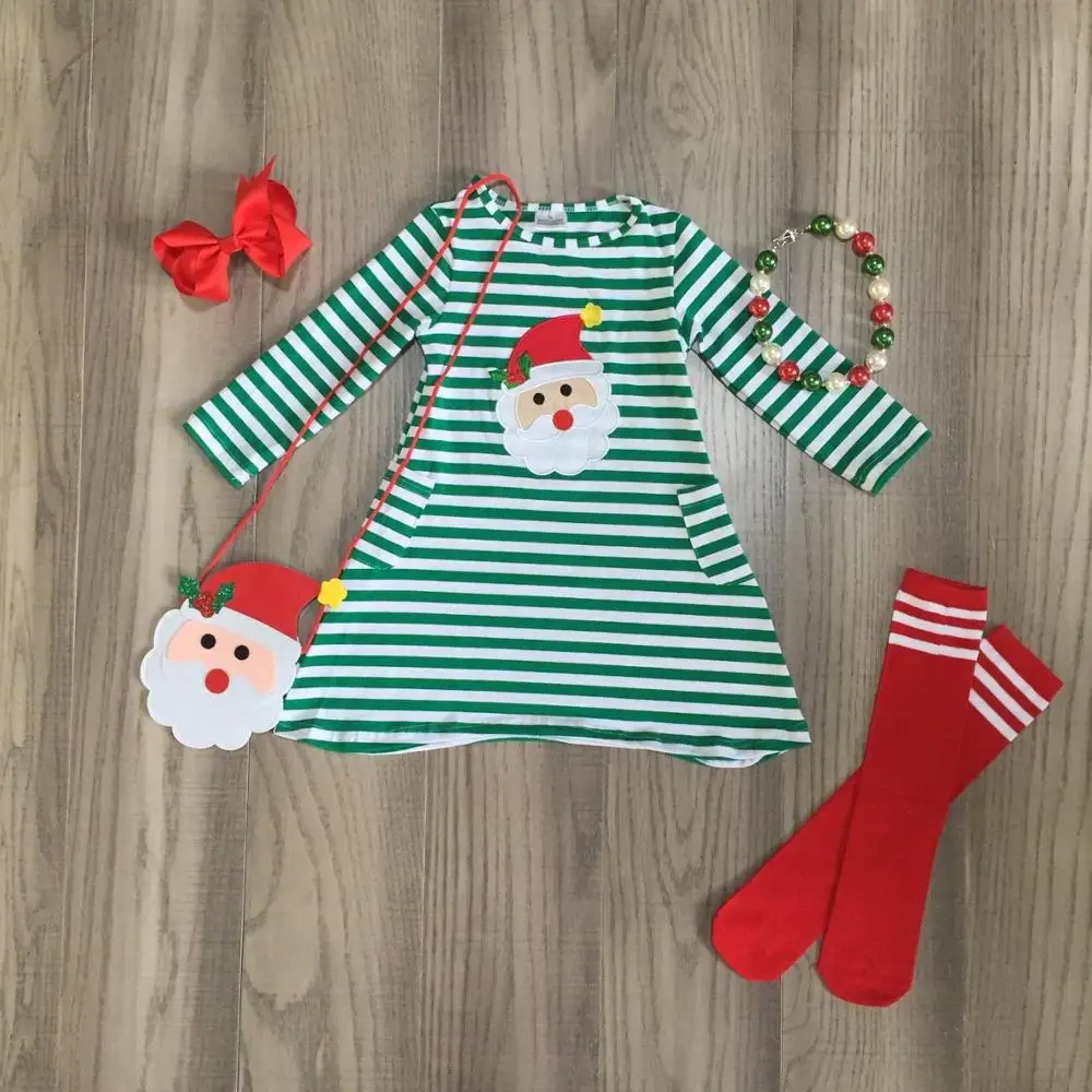 Christmas winter baby outfits dress stripe cotton Santa claus boutique clothes knee length match necklace socks bow and purse