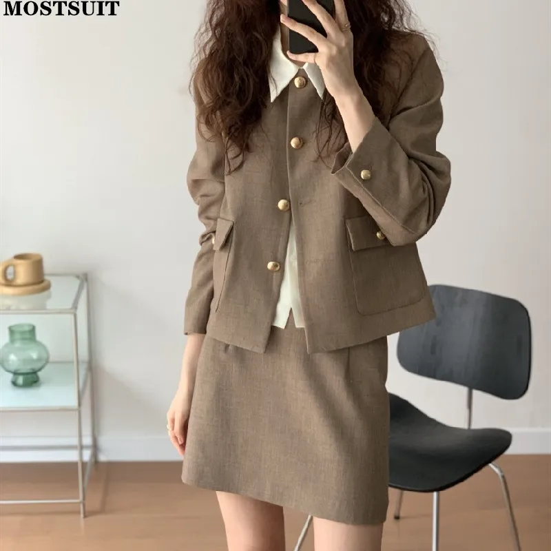 Korean Fashion Two Piece Skirt Sets Women O-neck Suit Jacket &amp High Waist A-line Outfits Workwear Chic Ol Style Ladies Set |